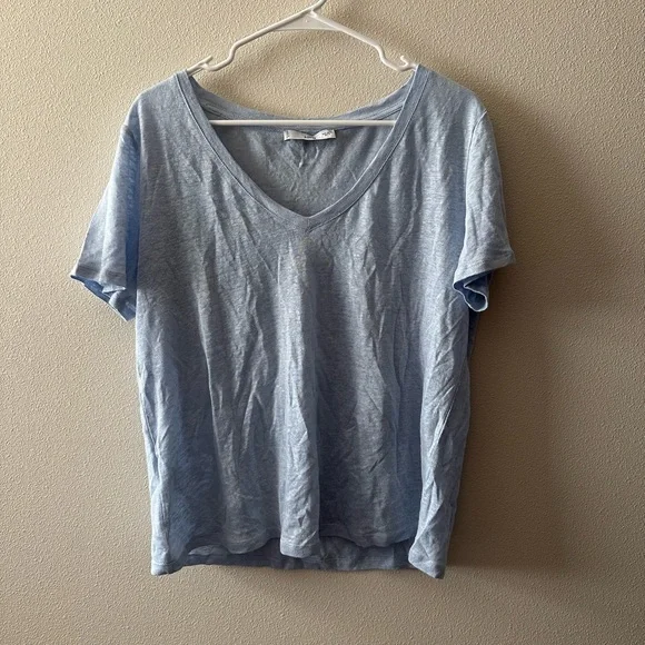 Mango MNG V-Neck Linen T-Shirt sky blue size large - Picture 2 of 9